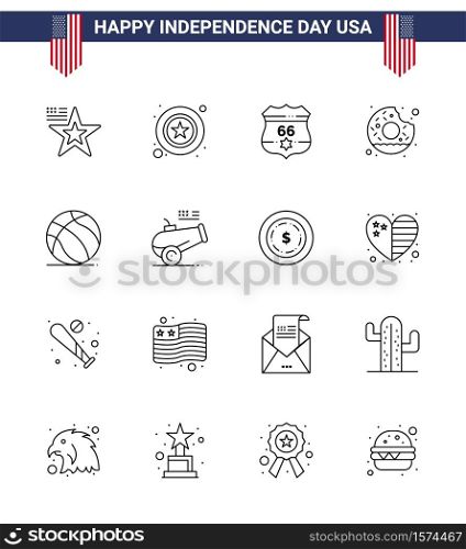 16 Line Signs for USA Independence Day ball; food; american; yummy; donut Editable USA Day Vector Design Elements