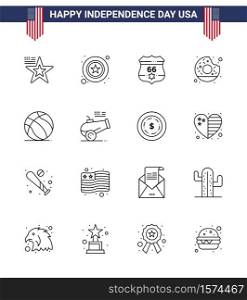 16 Line Signs for USA Independence Day ball; food; american; yummy; donut Editable USA Day Vector Design Elements