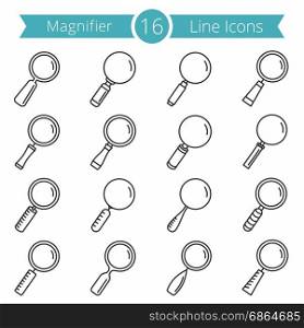 16 Magnifying Glass Line Icons. Set of 16 magnifying glass line icons, zoom icons set, vector eps10 illustration