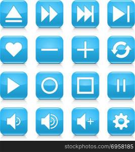 16 media control icon set 06. White sign on blue rounded square button with gray reflection, black shadow on white background. Glossy style. Vector illustration web design element in 8 eps. Blue media sign rounded square icon web button. Blue media sign rounded square icon web button