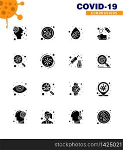 16 Solid Glyph Black viral Virus corona icon pack such as find, wash, blood, soap, cleaning viral coronavirus 2019-nov disease Vector Design Elements