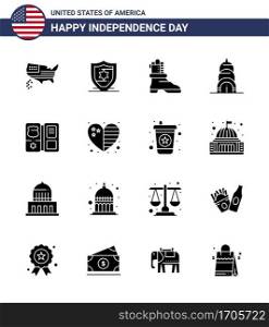16 Solid Glyph Signs for USA Independence Day heart  american  boot  shield  usa Editable USA Day Vector Design Elements