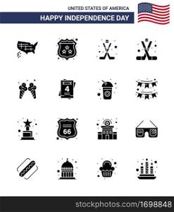 16 Solid Glyph Signs for USA Independence Day icecream  american  american  sports  hockey Editable USA Day Vector Design Elements