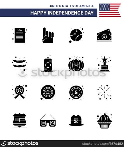 16 Solid Glyph Signs for USA Independence Day sausage; food; baseball; usa; money Editable USA Day Vector Design Elements