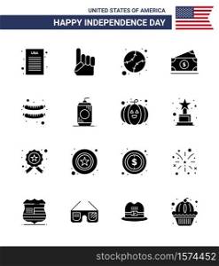 16 Solid Glyph Signs for USA Independence Day sausage; food; baseball; usa; money Editable USA Day Vector Design Elements