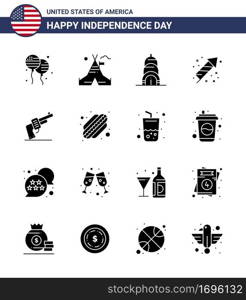16 Solid Glyph Signs for USA Independence Day weapon  gun  chrysler  holiday  festivity Editable USA Day Vector Design Elements