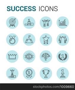 16 Success line icons in circles, leader, champion concept, vector eps10 illustration. Success Line Icons