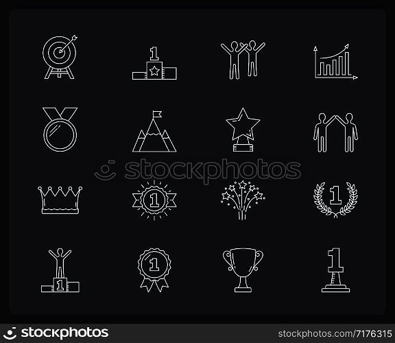 16 Success line icons, leader, champion concept, dark background, vector eps10 illustration. Success Line Icons