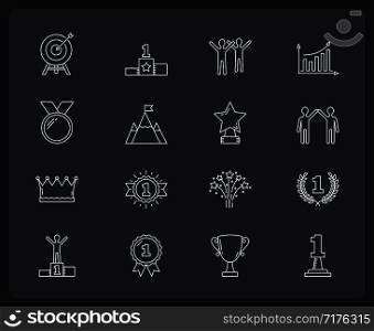 16 Success line icons, leader, champion concept, dark background, vector eps10 illustration. Success Line Icons
