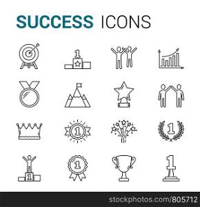 16 Success line icons, leader, champion concept, vector eps10 illustration. Success Line Icons