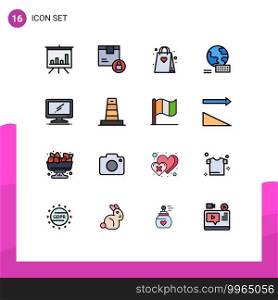 16 Thematic Vector Flat Color Filled Lines and Editable Symbols of device, computer, shopping, marketing, world Editable Creative Vector Design Elements