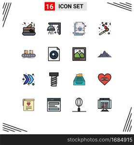 16 Thematic Vector Flat Color Filled Lines and Editable Symbols of factory, box, lock, belt, match Editable Creative Vector Design Elements