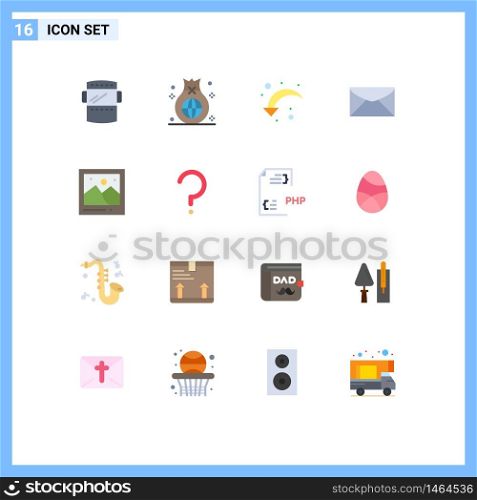 16 Thematic Vector Flat Colors and Editable Symbols of camera, education, investment, chat, down left Editable Pack of Creative Vector Design Elements