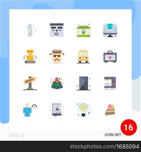 16 Thematic Vector Flat Colors and Editable Symbols of robot, tshirt, calendar, store, online Editable Pack of Creative Vector Design Elements