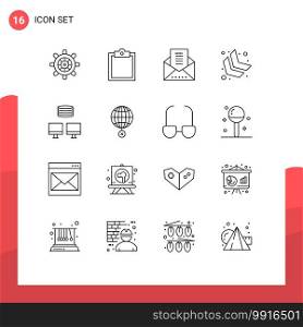 16 Thematic Vector Outlines and Editable Symbols of global, sync, message envelope, database, down left Editable Vector Design Elements