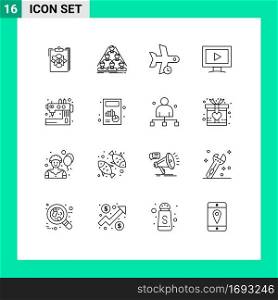 16 Thematic Vector Outlines and Editable Symbols of monitor, transport, build, plane, delay Editable Vector Design Elements