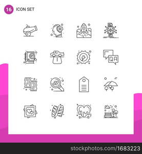 16 Thematic Vector Outlines and Editable Symbols of reporting, datum, rocket, data, spaceship Editable Vector Design Elements