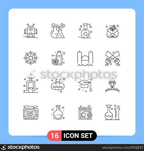 16 Thematic Vector Outlines and Editable Symbols of ship wheel, boat, flask, email marketing, advertisement Editable Vector Design Elements