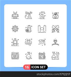 16 Thematic Vector Outlines and Editable Symbols of ship wheel, boat, flask, email marketing, advertisement Editable Vector Design Elements