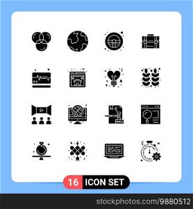 16 Thematic Vector Solid Glyphs and Editable Symbols of documents, business, geography, briefcase, steering wheel Editable Vector Design Elements