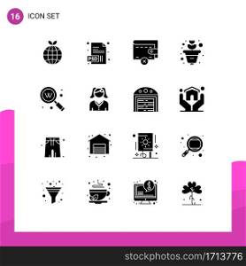 16 Thematic Vector Solid Glyphs and Editable Symbols of female, seo, wallet, search, key Editable Vector Design Elements