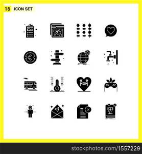 16 Thematic Vector Solid Glyphs and Editable Symbols of finance, coin, grill, heart, chat Editable Vector Design Elements