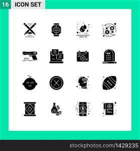 16 Thematic Vector Solid Glyphs and Editable Symbols of handgun, transformation, pod, exchange, currency Editable Vector Design Elements