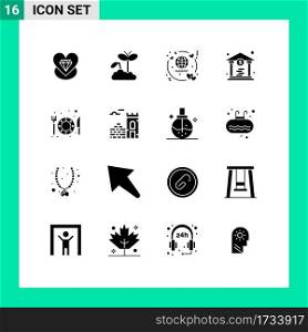 16 Thematic Vector Solid Glyphs and Editable Symbols of restaurant, food, honeymoon, money, bank Editable Vector Design Elements