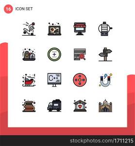 16 Universal Flat Color Filled Line Signs Symbols of home, engine, research, electric, store Editable Creative Vector Design Elements