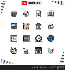 16 Universal Flat Color Filled Lines Set for Web and Mobile Applications computer, management, document, invoice, computer Editable Creative Vector Design Elements