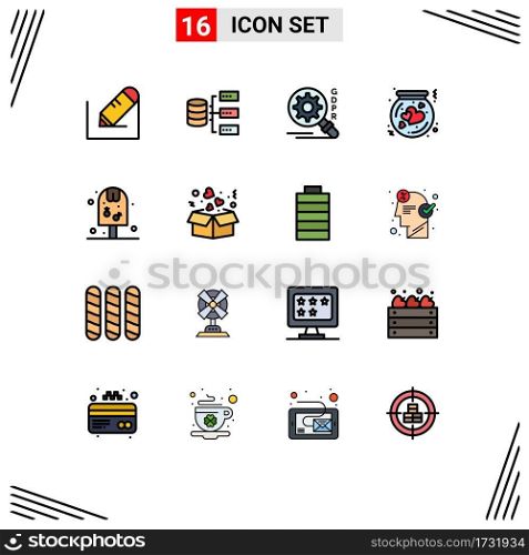 16 Universal Flat Color Filled Lines Set for Web and Mobile Applications ice, thrift, gdpr, love, flask Editable Creative Vector Design Elements