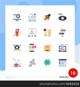16 Universal Flat Color Signs Symbols of camera, cam, water, spaceship, launch Editable Pack of Creative Vector Design Elements