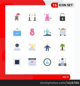 16 Universal Flat Color Signs Symbols of e, unlock, party frock, security, padlock Editable Pack of Creative Vector Design Elements