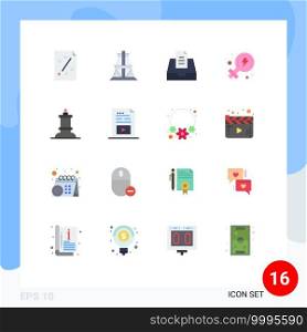 16 Universal Flat Color Signs Symbols of king, chess, transmission tower, women, feminism Editable Pack of Creative Vector Design Elements