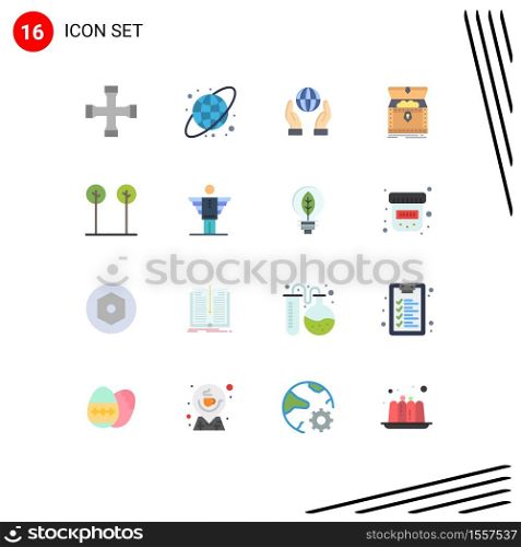 16 Universal Flat Color Signs Symbols of leaves, treasure, conservation, reward, chest Editable Pack of Creative Vector Design Elements