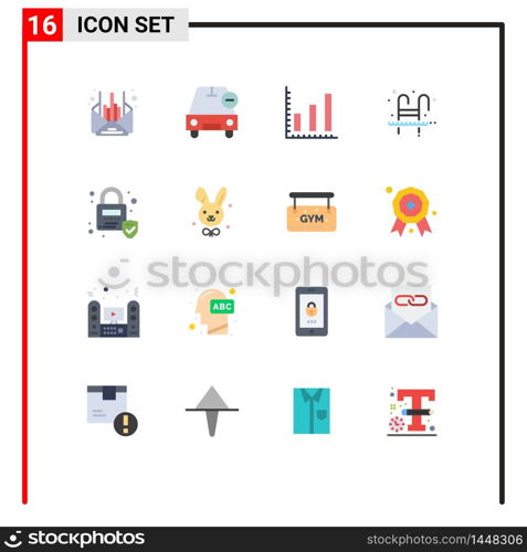 16 Universal Flat Color Signs Symbols of lock, swimming, vehicles, swim, ladder Editable Pack of Creative Vector Design Elements