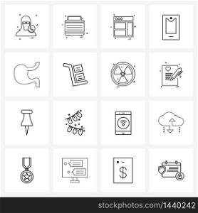 16 Universal Icons Pixel Perfect Symbols of body part, android, bag, phone, internet Vector Illustration