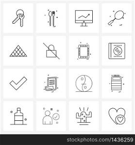16 Universal Icons Pixel Perfect Symbols of tower, pyramids, graph, racket, games Vector Illustration