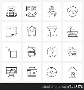 16 Universal Line Icon Pixel Perfect Symbols of file, watch, labour, network, cloud Vector Illustration
