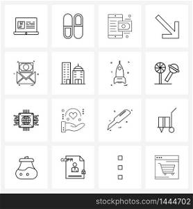 16 Universal Line Icons for Web and Mobile building, chart, method, message, right Vector Illustration