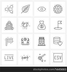 16 Universal Line Icons for Web and Mobile carry, outdoor, eye, hobby, ball Vector Illustration
