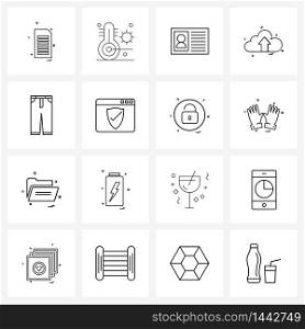 16 Universal Line Icons for Web and Mobile dress, garments, identity, pants, upload Vector Illustration