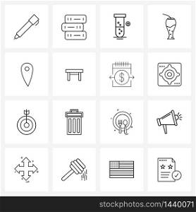 16 Universal Line Icons for Web and Mobile interior, pin, location, meal Vector Illustration