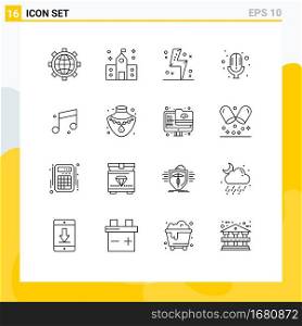 16 Universal Outline Signs Symbols of audio, microphone, school, mic, energy Editable Vector Design Elements