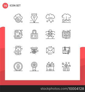 16 Universal Outline Signs Symbols of care, media, cloud, engine, cloud Editable Vector Design Elements