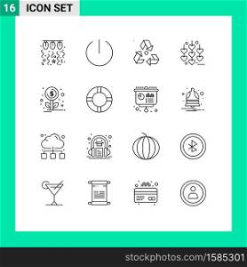 16 Universal Outline Signs Symbols of growth, chain, eco, love, green Editable Vector Design Elements