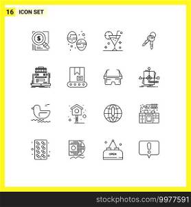 16 Universal Outline Signs Symbols of home, door, sweets, keys, drink Editable Vector Design Elements