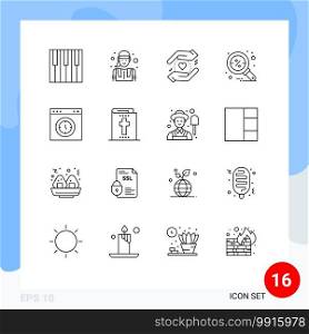 16 Universal Outline Signs Symbols of interface, search, worker, magnifier, discount Editable Vector Design Elements