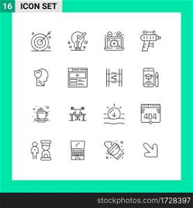 16 Universal Outline Signs Symbols of perforator, website, light, speedometer, dashboard Editable Vector Design Elements