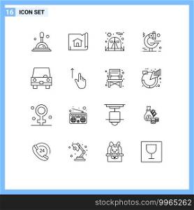 16 Universal Outline Signs Symbols of vehicles, transport, chair, taxi, research Editable Vector Design Elements